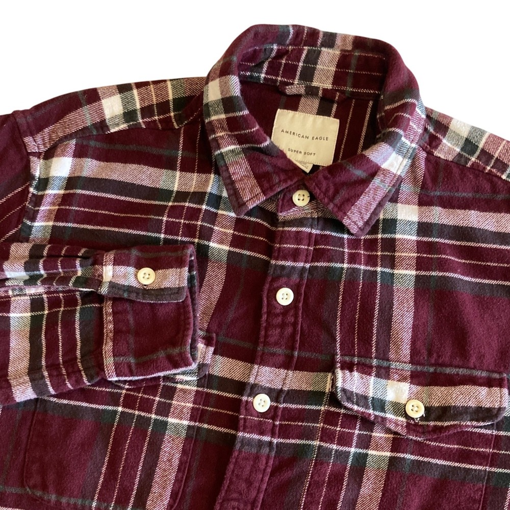 American Eagle Mens Medium Super Soft Flannel Shirt Burgundy Plaid Button Down